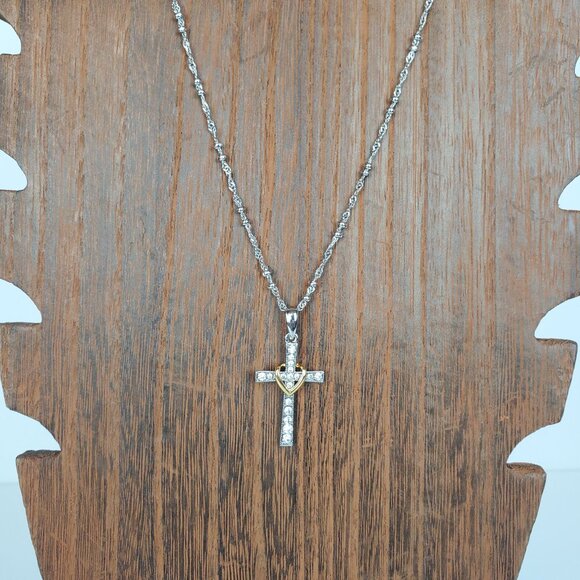 Sterling Silver Rhodium Plated Cross Gold Heart Swarovski Crystals Necklace - Picture 3 of 7